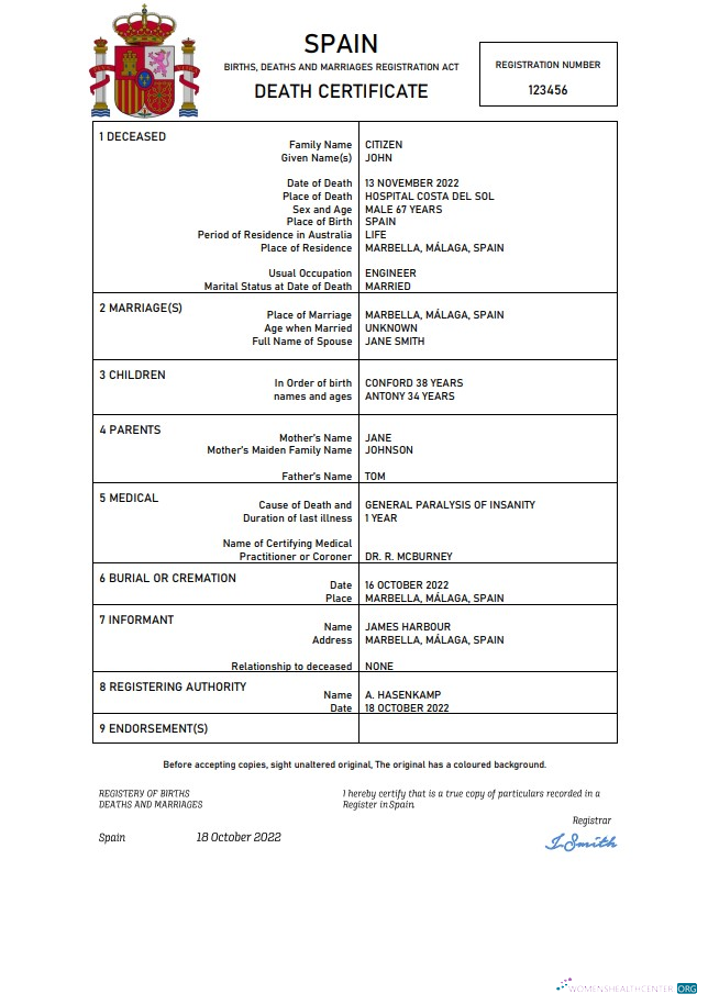 Download Spain death certificate Word and PDF template Photoshop template